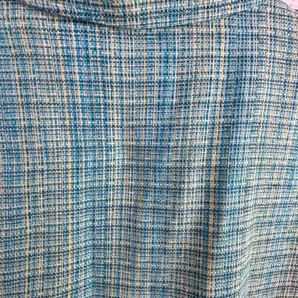 Vintage‎ Mod Coastal Grandmacore Tweed Jacket L Boxy Teal Blue Yellow Woven Poly